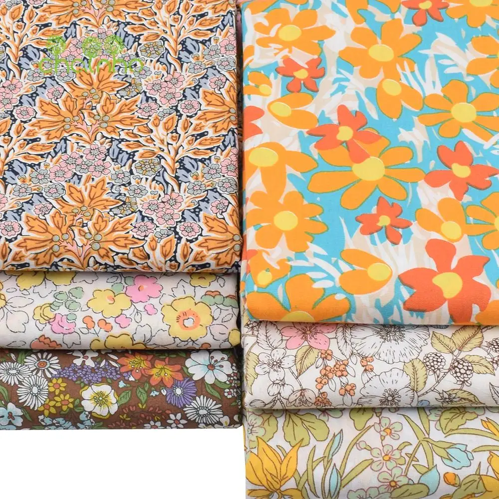 Chainho,Printed Plain Weave Poplin Cotton Fabric,DIY Sewing Quilting Material,Floral Patchwork Cloth,3 Sizes,PCC109