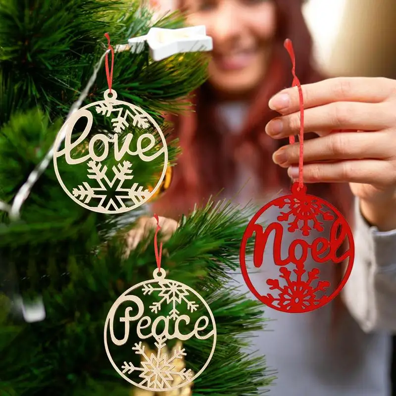 6pcs Wood Snowflake Xmas Tree Ornaments Letter Hollow Home