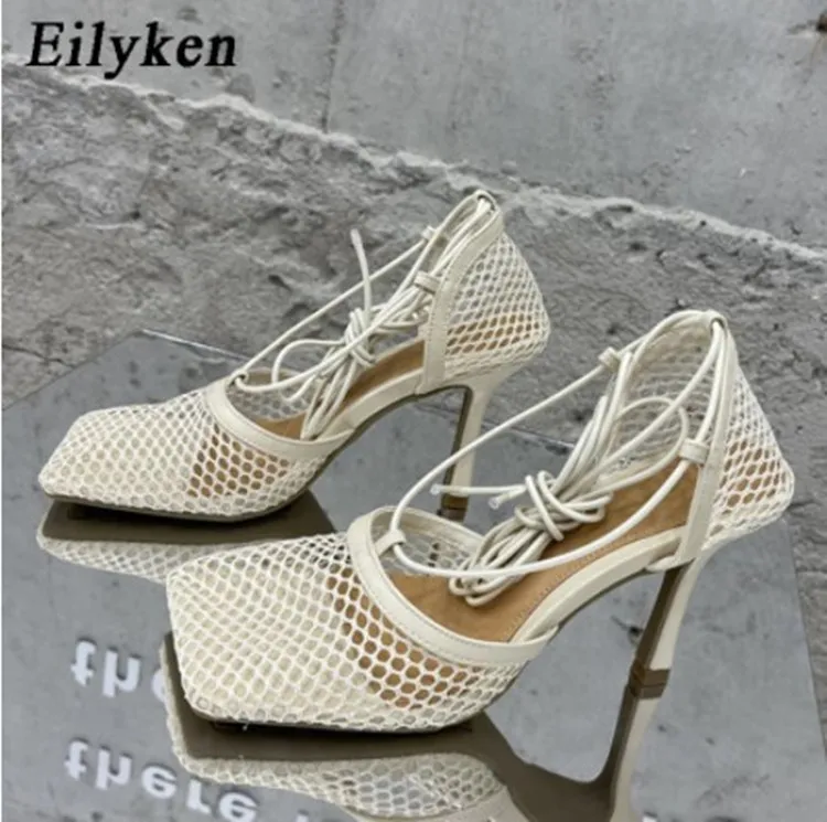 2024 Modische Sandalen, atmungsaktive Mesh-Schnürschuhe für Damen mit quadratischem Kopf, sexy, verführerische Mesh-High-Heels für Damen, Sandalen – Detail 4