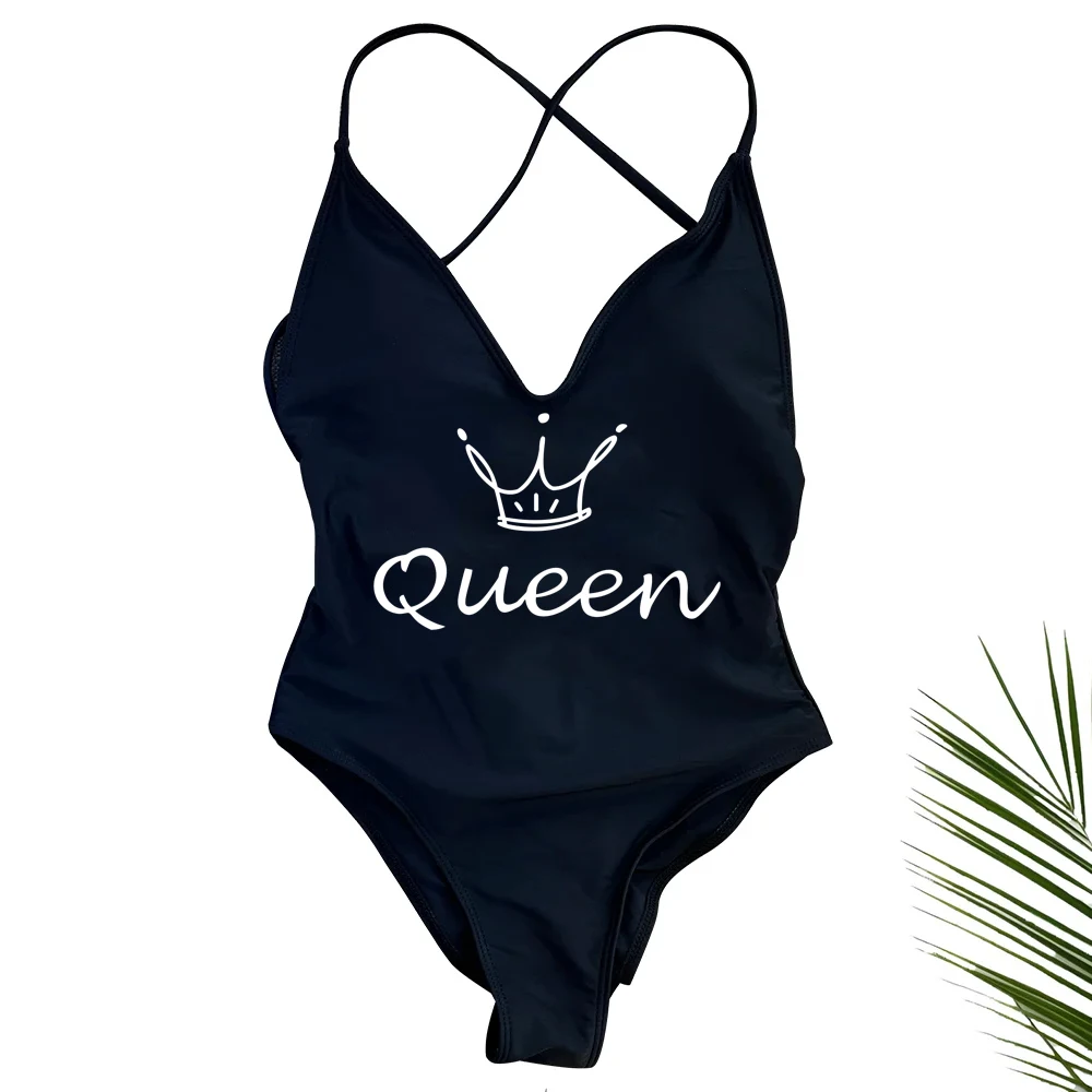 QUEEN Sexy Padded Cross Back Swimsuit Women High Cut One Piece Bathing Suit Beachwear Party Bodysuit