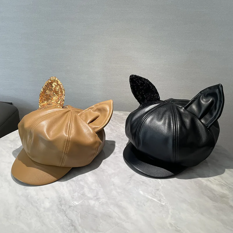 

202310-DD ins chic dropshipping fox ear cute Punk nightclub sequins pu fashion lady octagonal cap women Leisure visor hat