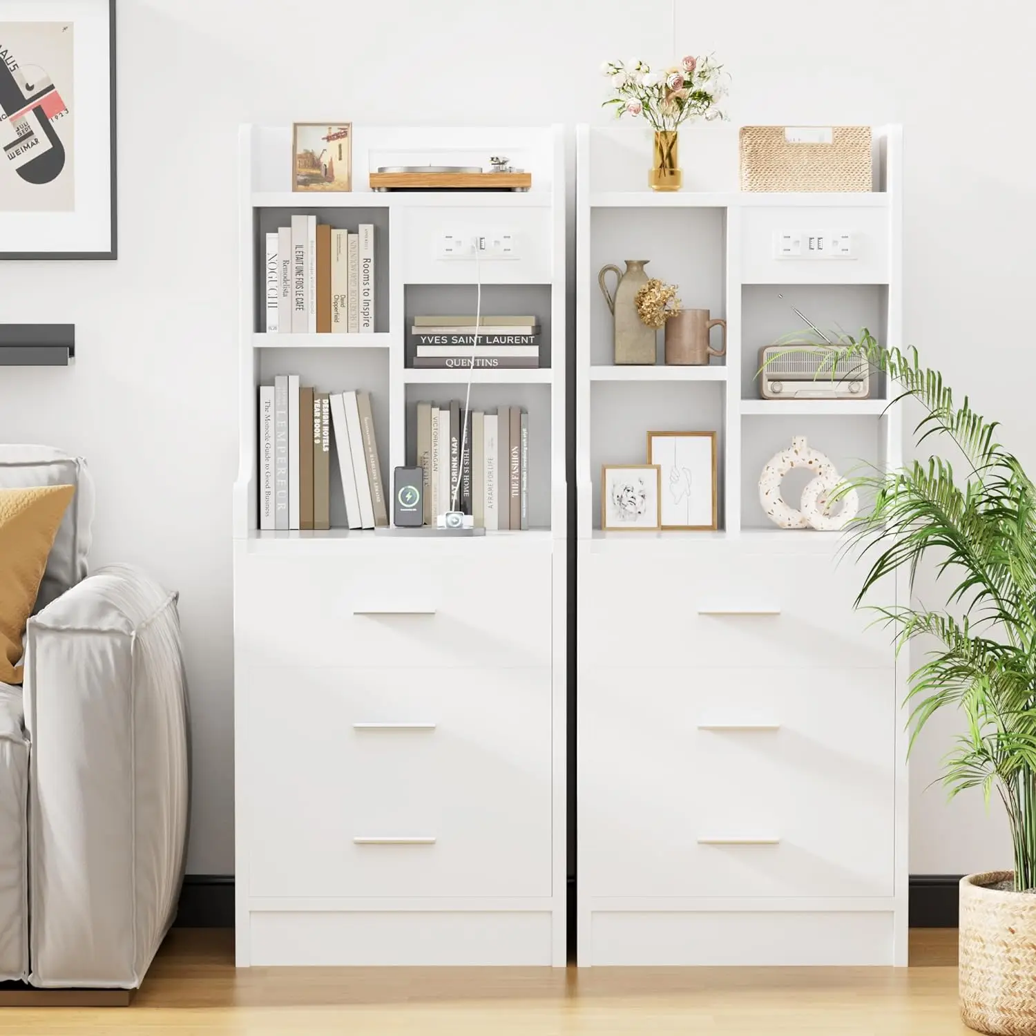 

YESHOMY Tall Nightstand Set with Charging Station and USB Ports, End Table with Adjustable Bookshelf and 3 Drawers, for Bedroom
