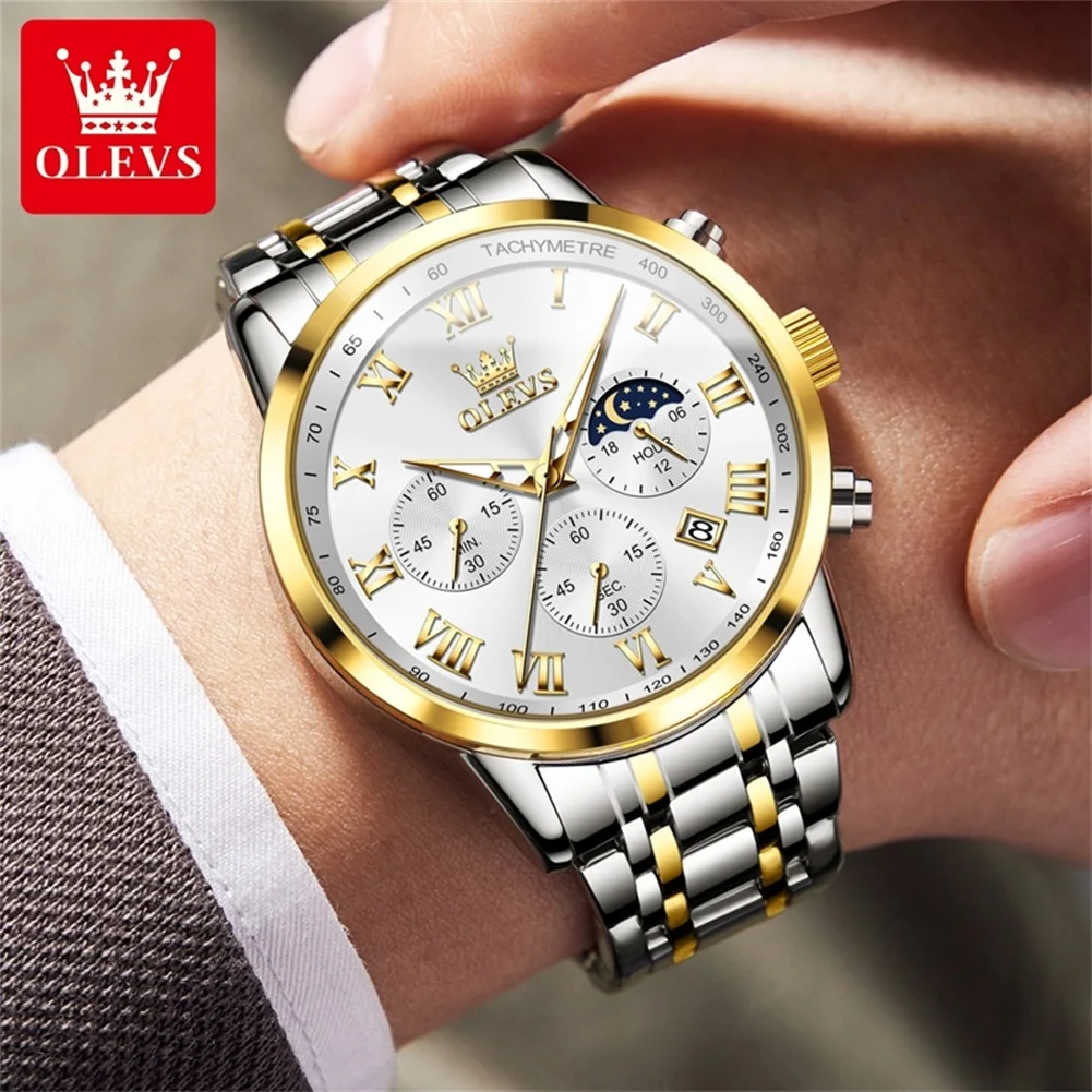 OLEVS Mens Watches Top Brand Luxury Chronograph Quartz Watch Leather Waterproof Calendar Fashion Mens Clock Relogio Masculino