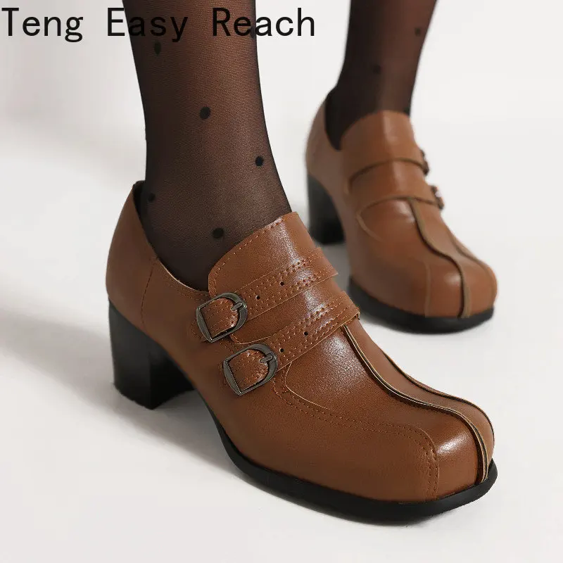 Women's Vintage Chunky Heel Square Toe Mary Jane Shoes Ankle Cross-strap Ladies Mary Janes Shoes Large Size 32-48 Chunky Heels