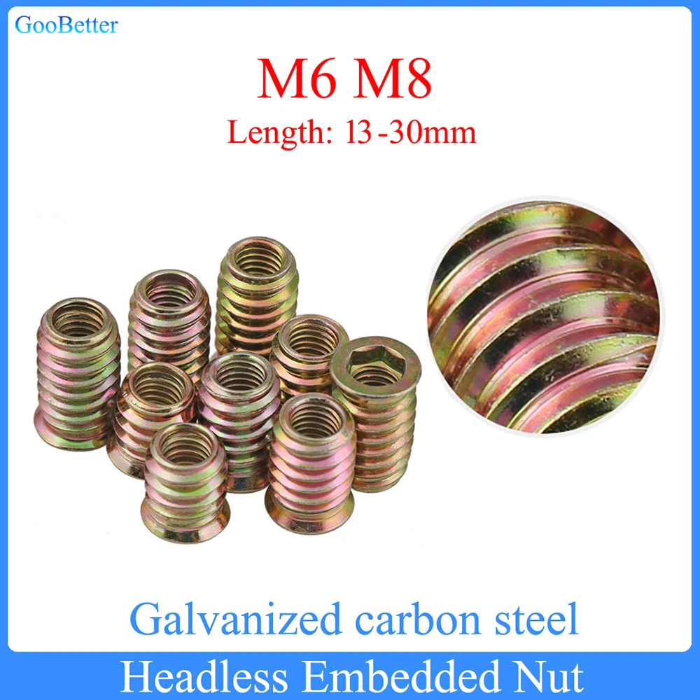3-100Pcs Hex Embedded Nuts M6 M8 Galvanized Steel Hex Straight Through Socket Drive Insert Nut Threaded For Wood Furniture Nuts