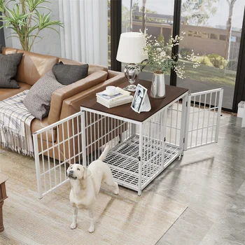 Large Wooden Dog Crate Indoor Furniture Style Elevated Pet Dog Cage Kennel End Table Lattice Playpen with 3 Doors Removable Tray 4