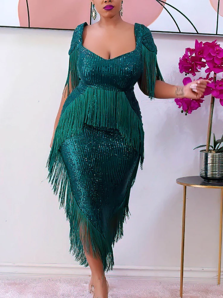 

Green Tassel Dresses Sexy Bodycon Irregular Length Sequins Retro Evening Cocktail Party Outfits Luxury Glitter African Gowns New