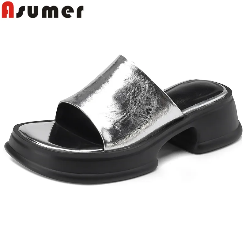 

ASUMER 2024 New Arrive Sheepskin Platform Summer Shoes Solid Ladies Casual Slippers Woman Thick Med Heels Slippers