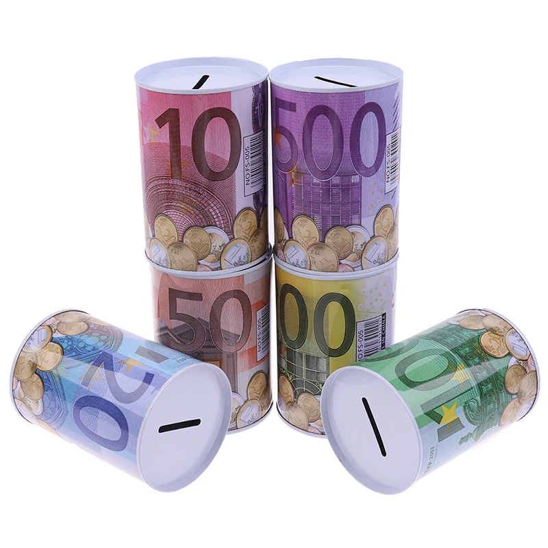 1PC Tinplate Cylinder Piggy Bank Euro Dollar Picture Box Household Saving Money Home Decoration Boxes Safe Cylinder Piggy Bank 3