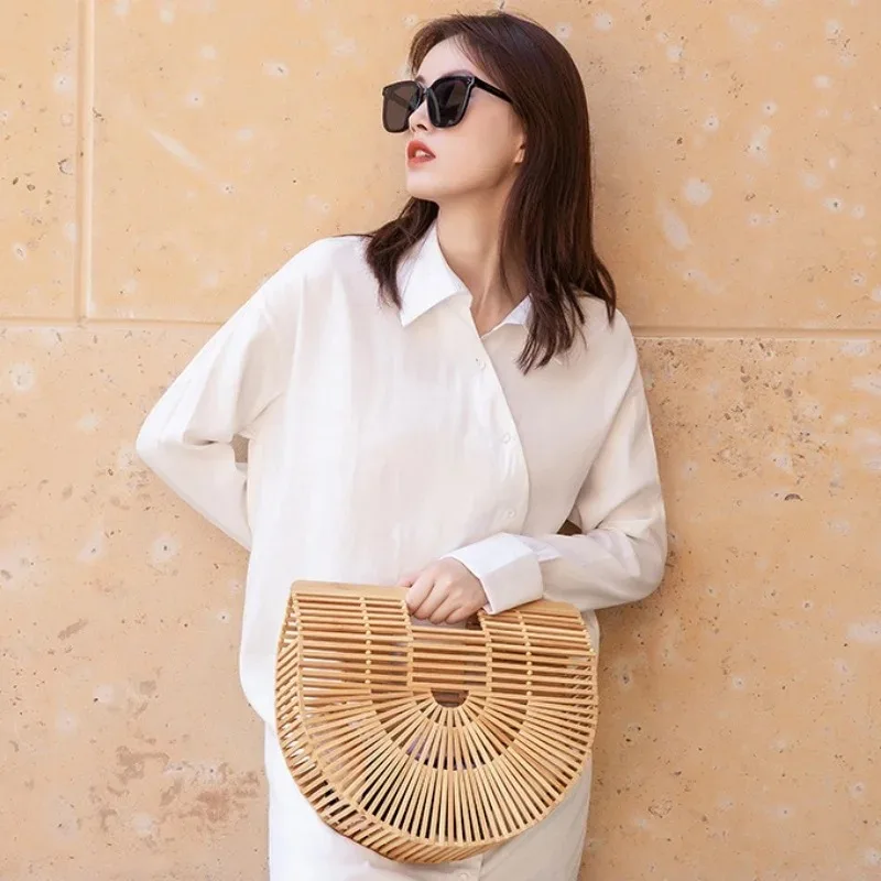 Semicircle Women Bamboo Bags Summer Fashion Luxury Handbag Hollow Bohemia Beach Bags Elegant Ladies Cosmetic Storage Basket 2