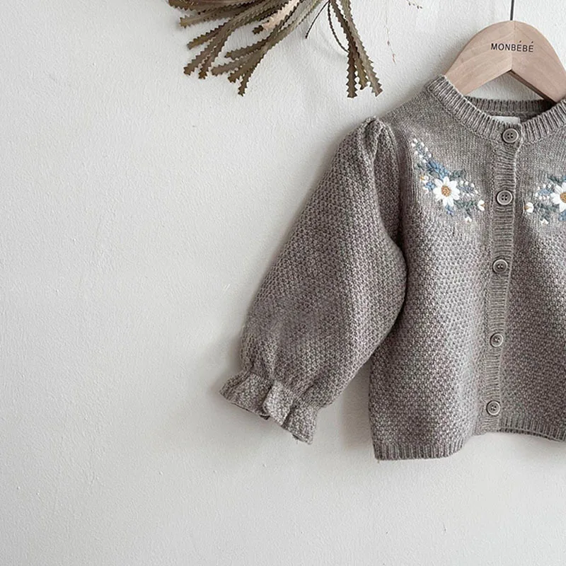 Girl Retro Flower Lantern Sleeve Knitted Cardigan Toddler Girls Autumn Loose Casual Coat Kids Soft Single Breasted Sweater baby girls sweater