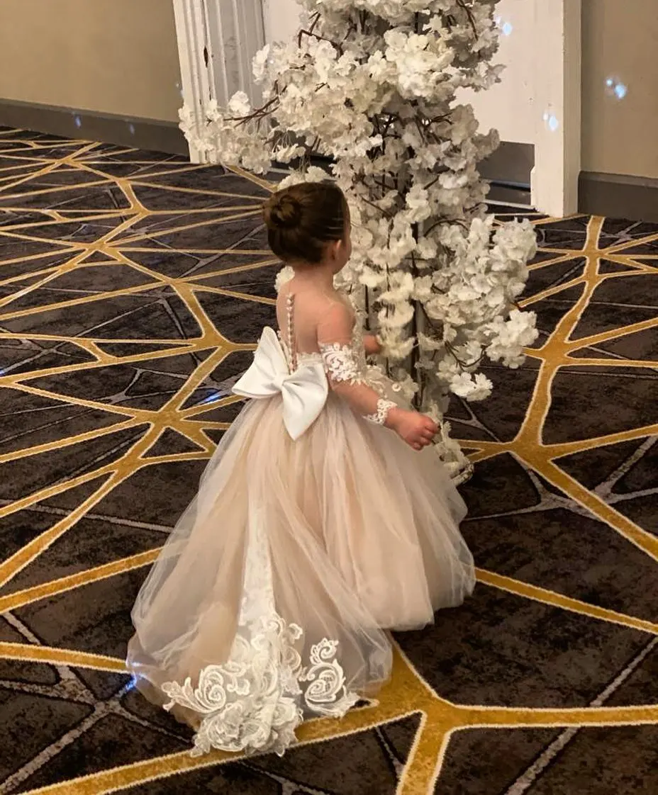 Kinder prinzessin Langarm Spitze Blumen mädchen Kleider für Hochzeits feier Big Bow Maxi Tüll Erstkommunion Kleider für Mädchen – Detail 14