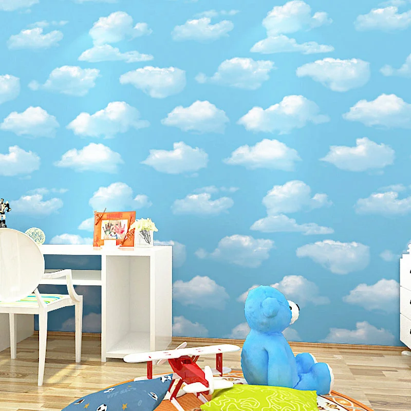 Blue sky simple children's room bedroom living room background wallpaper blue sky white cloud ceiling house top wallpaper