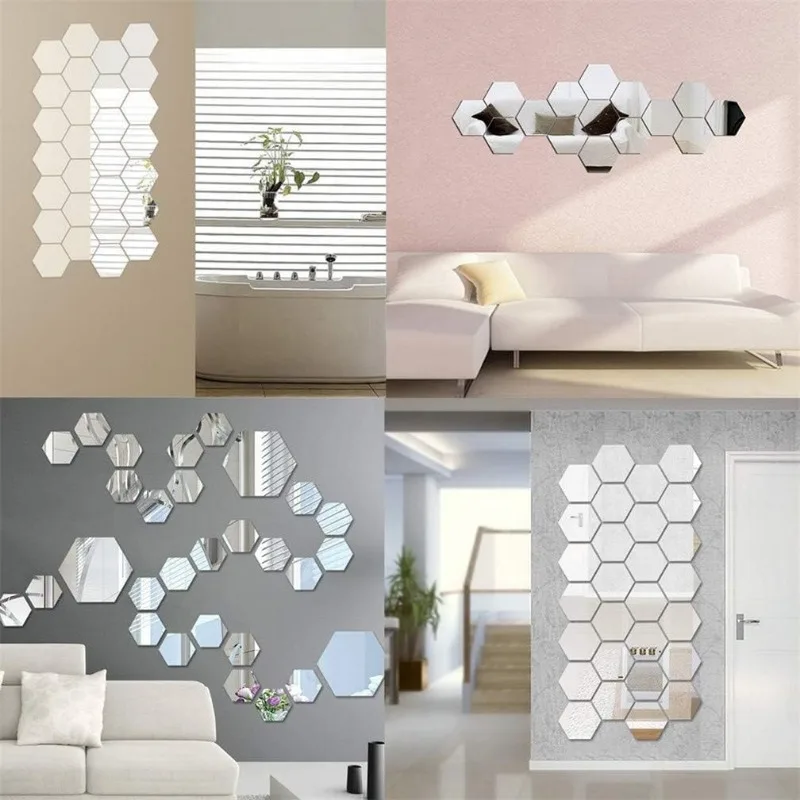 Hexagon Acrylic Mirror Wall Stickers Self-adhesive Removable 3D Mirror Decals Art Wall Decals for DIY Home Bedroom Decoration