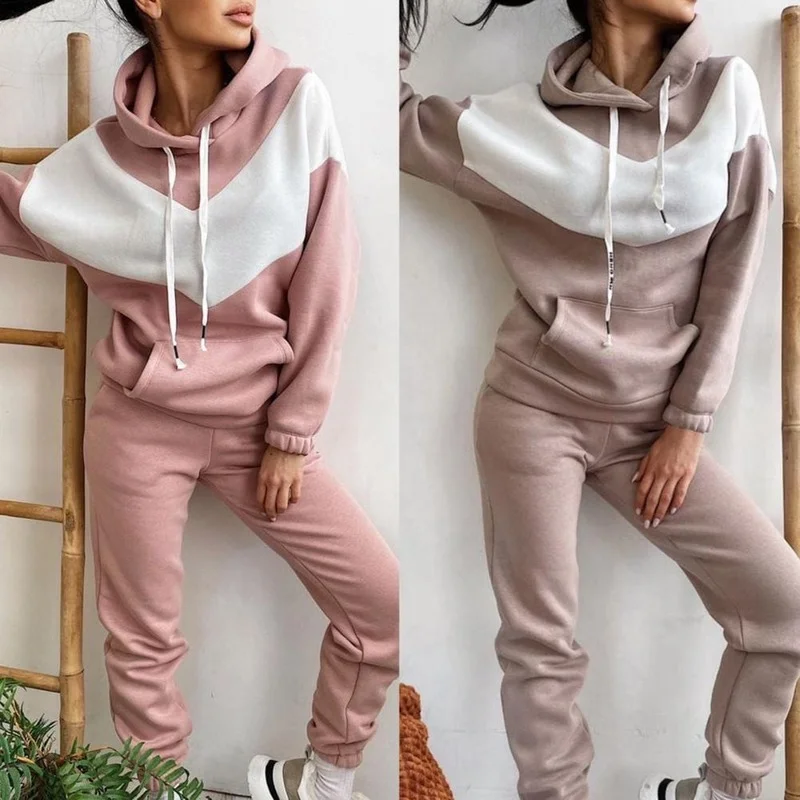 Women Set Hoodie Pants Set Hooded Drawstring Autumn Sweatshirt Winter Women Contrast Color Sweatshirt Pockets Pants for Sports
