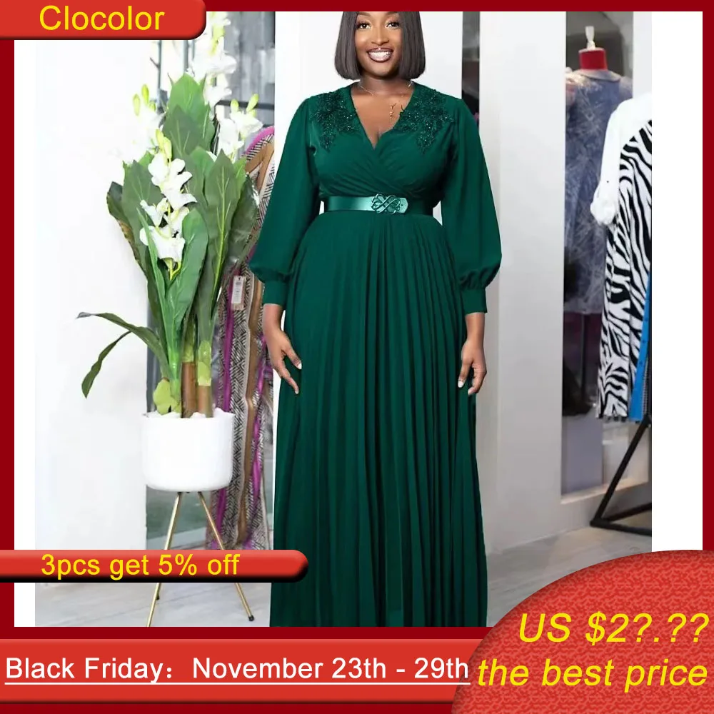 

Dresses Women Sexy Deep V-Neck Slim Embroidery Dress 2023 Autumn New Long Sleeve Large Temperament Commute Solid Pleated Skirt