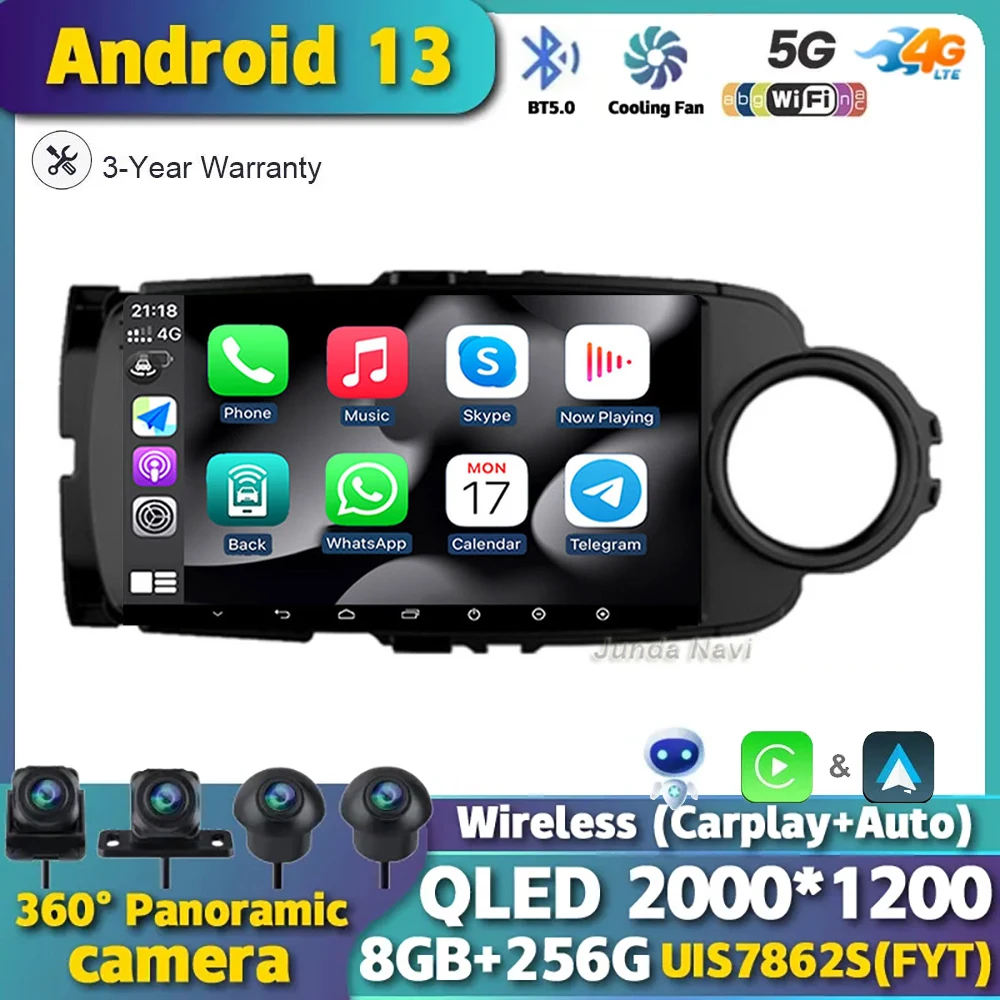 

Android 13 For Toyota Yaris 2012-2017 Car Radio Multimedia 4G WIFI Navigation GPS Video Player Wireless Carplay 360 Camera QLED