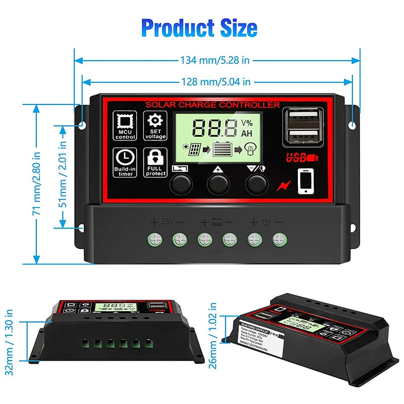 12V/24V10A-100A LCD Display Dual MOS PWM Control Solar Charge Controller with USB Solar Controller for System Use solar charger solar battery charge controller