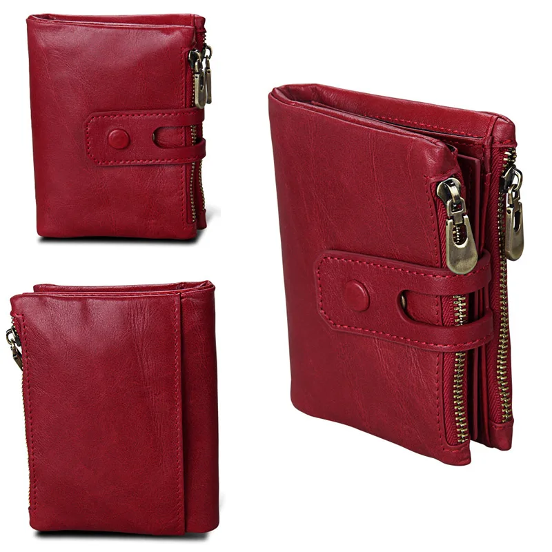 Folding Wallets for Women Genuine Leather Double Zipper Coin Purse Rfid Credit Card Holder
