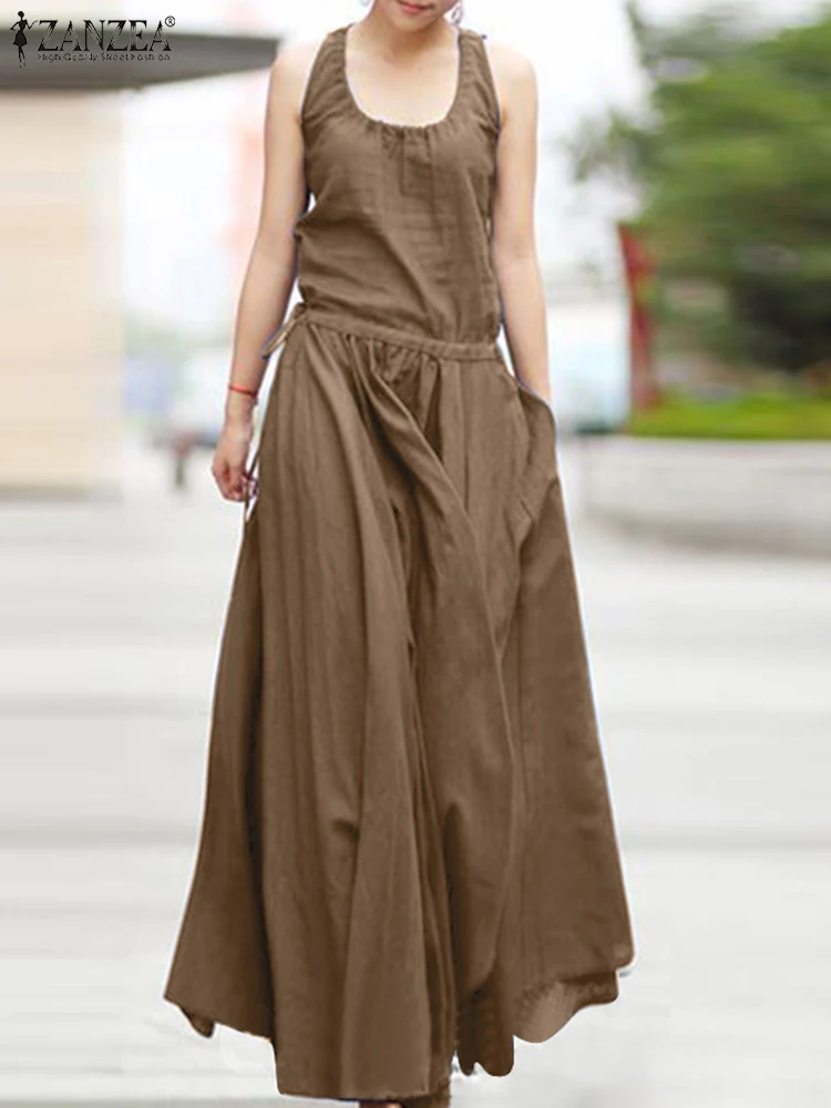 Casual Loose Holiday Solid Sundress ZANZEA Summer Women Drawstring Waist Overalls Dress Long Pockets Maxi Vestidos Robe Femme
