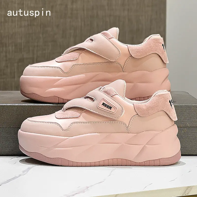 

Autuspin Spring Pink Sports Shoes Women Fashion Genuine Leather Chunky Wedges Vulcanized Sneakers Females Student Outdoor New