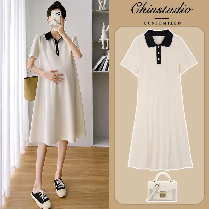 Maternity Dress Summer Short Sleeve Polo Dress Lapel Maternity Summer Short Sleeve Maternity Dresses Women Summer Dresses - 2