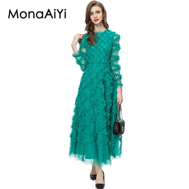 

Модное дизайнерское женское платье MonaAiYi с круглым вырезом и длинными рукавами, Сетчатое платье с принтом в горошек, бирюзовые платья с перекрестными вставками