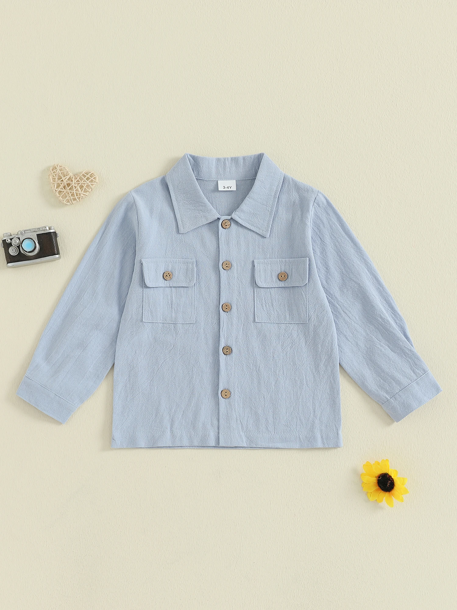 قمصان للأولاد الصغار من عمر 2 إلى 7 سنوات بلون سادة وأكمام طويلة وأزرار سفلية وطية صدر السترة للأطفال الصغار ملابس ربيع الخريف