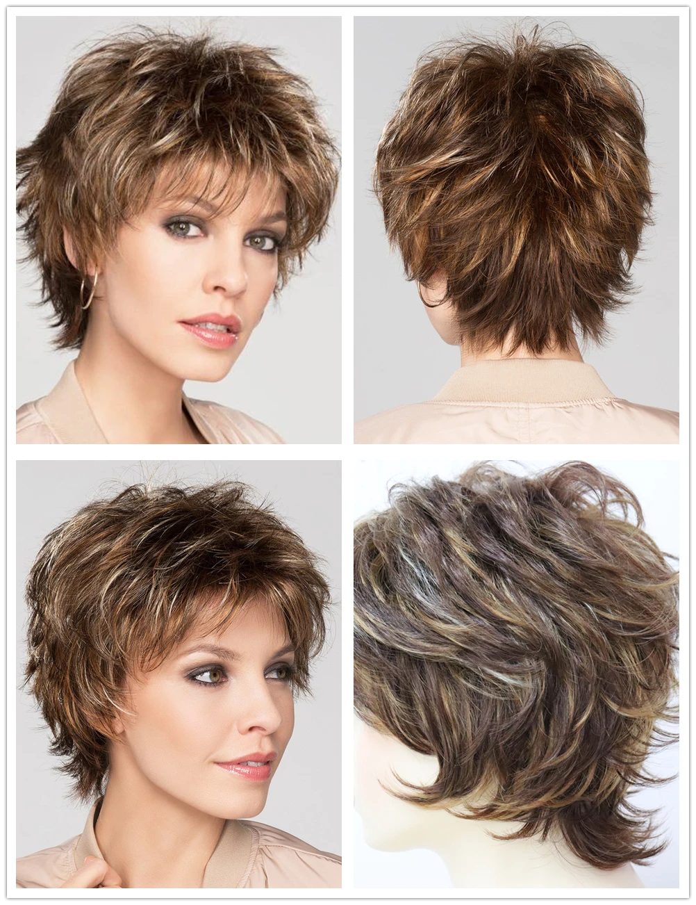 GNIMEGIL Synthetic Wig for Woman Short Brown Curly Wig with Bangs Fluffy Layered Hairstyle Female Natural Wig Lady Mommy Wig