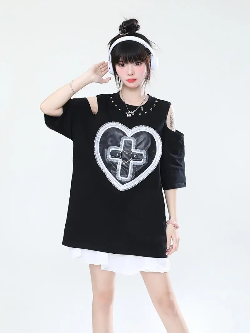 

2024 national trend Korean style off-shoulder design loose half-sleeved top love printed leather buckle lace summer new style