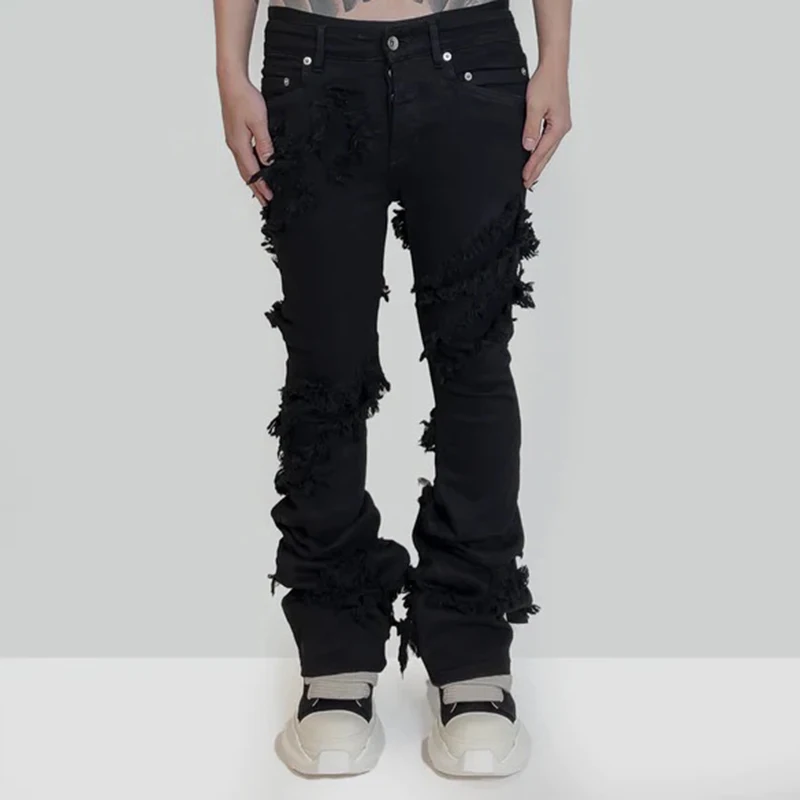 

Ro Ribbons Tassel High Elasticity Black Jeans for Men Pantalones Hombre Straight Baggy Flare Pnats Oversized Y2k Denim Trousers