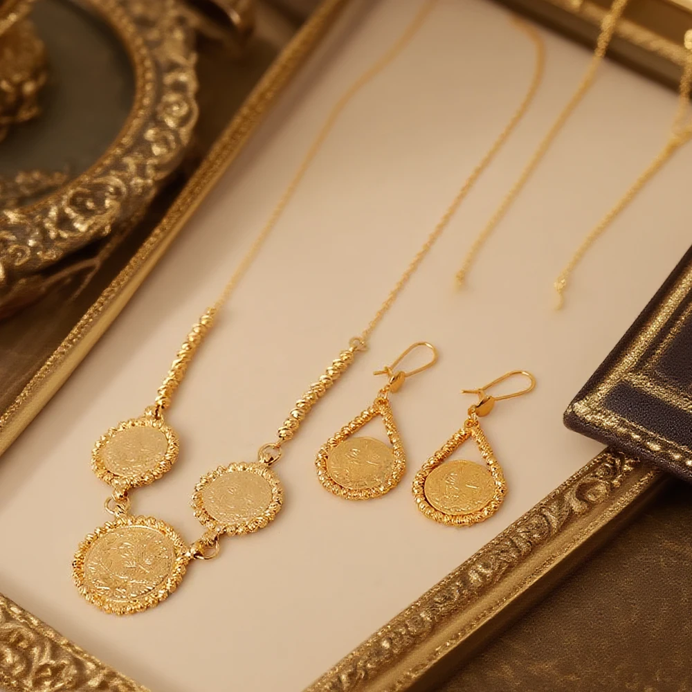 Turkish coin gold plated jewelry set kurdish wedding necklace earring set arabic totem jewelry