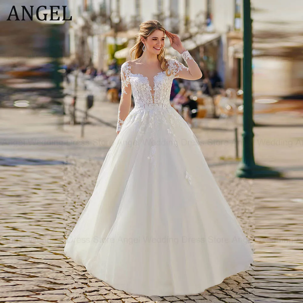 

ANGEL Elegant Backless Wedding Dress Long Sleeves A-Line Scoop Neck Applique Bridal Gowns With Button Vestidos De Novia