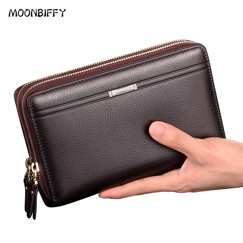 Dropship Men Clutch Bag Fashion Leather Long Purse Double Zipper Business  Wallet Black Brown Male Casual Handy Bag to Sell Online at a Lower Price