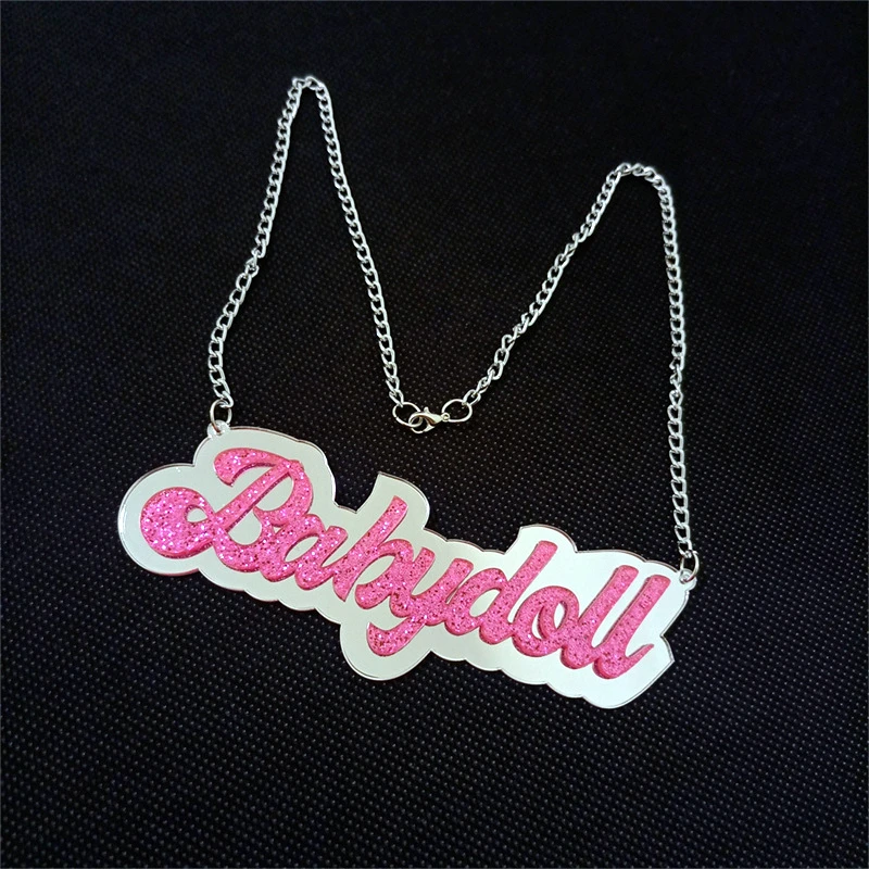 KUGUYS Babydoll Babygirl-Anhänger-Halskette für Damen, Spiegel, Acryl, Glitzer, rosa Buchstaben, silberfarben, Modeschmuck, Accessoires – Detail 6