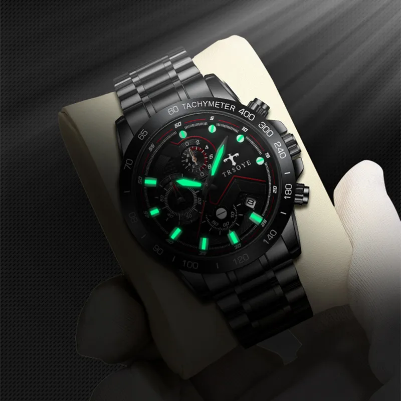 TRSOYE Luxury Fashion Men Business Stainless Steel Quartz Wrist Watch Mens Sports Casual Leather Watch Relogio Masculino