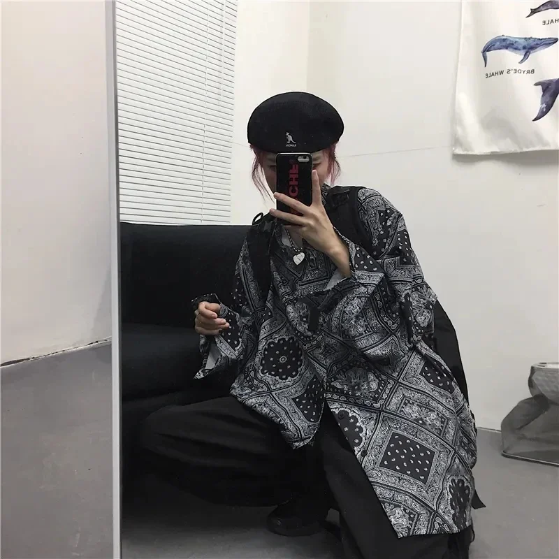 페이즐리 반다나 칼라 풀 슬리브 버튼 업 셔츠 하라주쿠 여성 남성 빈티지 streetwear 루즈 탑 블라우스 가을 하와이 힙합