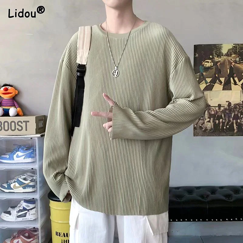 

Solid Pleated Striped Bottoming Four Seasons T-Shirts Casual O-Neck Hot Selling Men's Clothing Cotton Multiple Colour Loose Tops