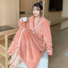 

Plus Velvet Thick Autumn and Winter New Pajamas Korean Version of Pure Color Loose Simple Cute Sweet Cardigan Pajamas