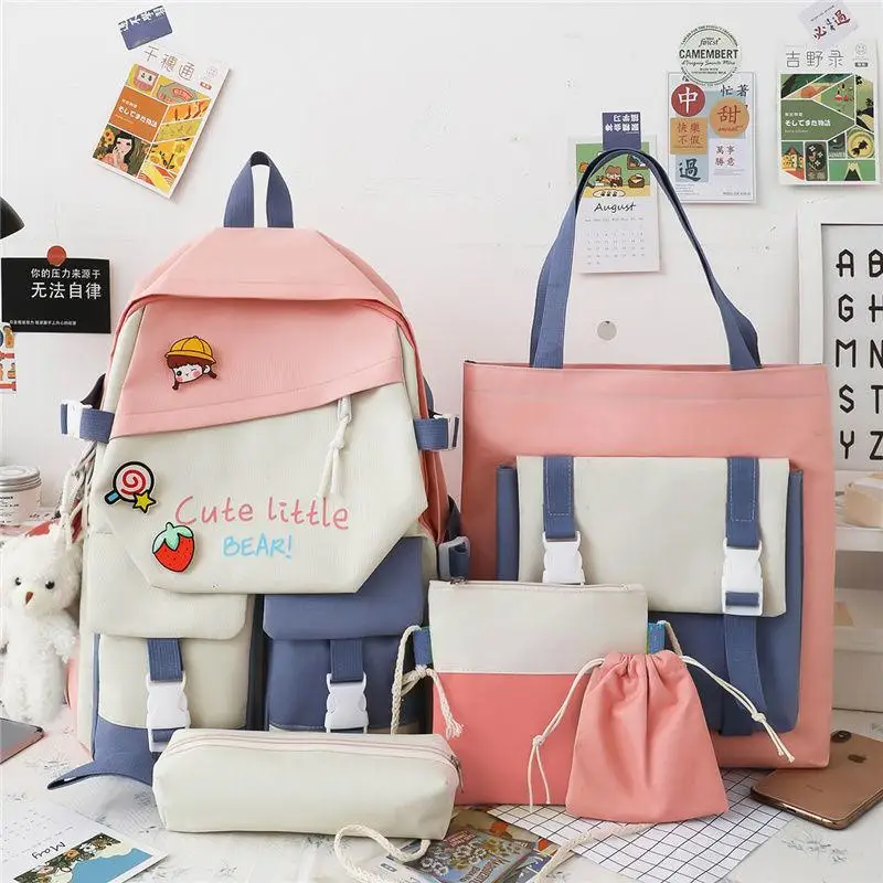 5 PCS Backpack for Middle School Students Female Korean Version Large Capacity Schoolbag for Grade 3-6 Primary School Students