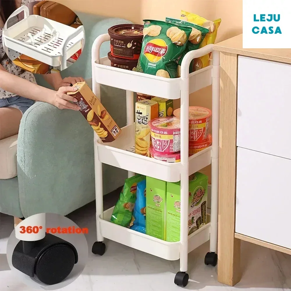 Muti-Tier Rolling Utility Cart Buckets Hooks Book Storage Rack Brakes Easy Assembly Kitchen Office Bathroom storage rack
