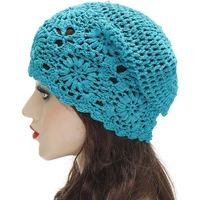 Popular  Beautiful Women Summer  Cotton Crochet Slouchy Beanie Hat Handmade Knit Cutout Summer Floral Skull Cap 2