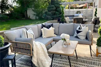 Rattan Patio Furniture Set, Outdoor Wicker Conversation Sectional L-Shaped Sofa with Thickness Cushions and Side Table 1