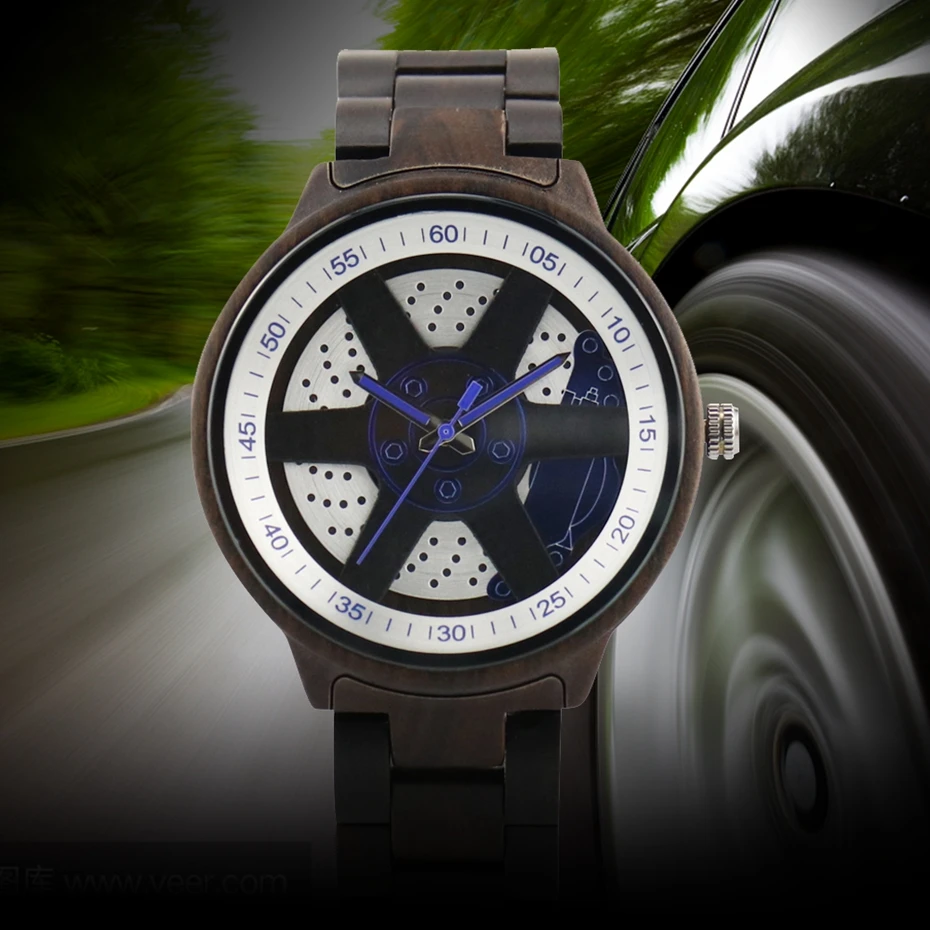 Men's Porous Wheel Hub Design Watch Precise Dial Analog Mens Watches Clock Male Fashion Retro Ebony Wooden Band Wrist Man |