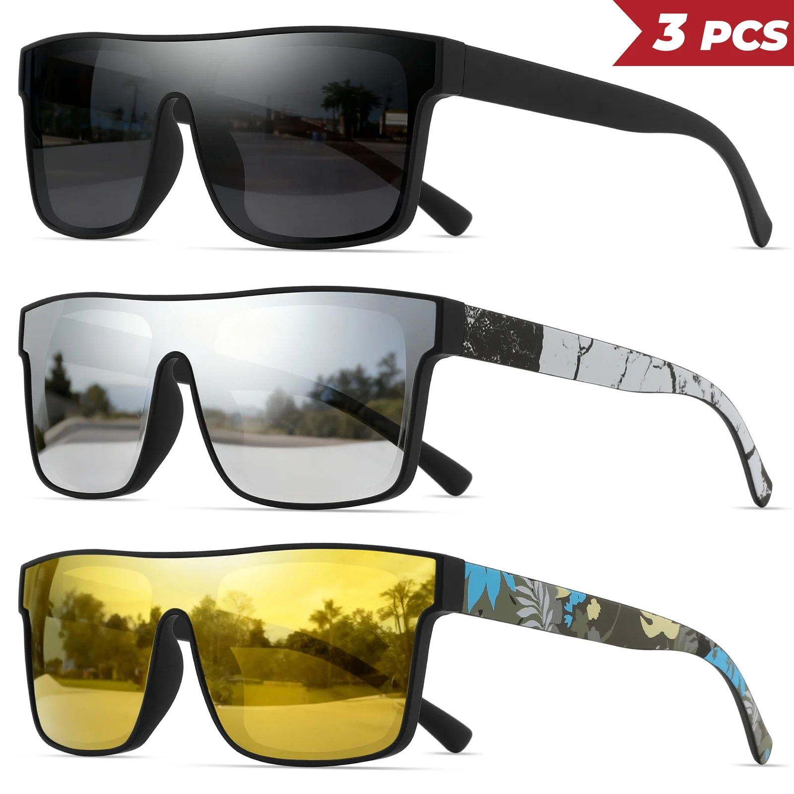 3 Stück klassische quadratische modische Sport-Sonnenbrille – gemusterte Bügel, Unisex für Radfahren, Wandern, Reisen – perfektes Geschenk – Detail 13