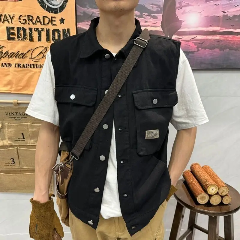 빈티지 데님 조끼 루즈핏 남성 재킷 홍콩 스트리트웨어 기능성 포켓 트렌디 봄 가을 레이어링 아이템 ?