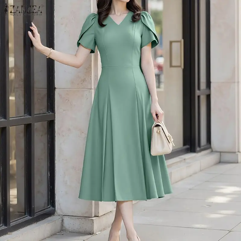 ZANZEA Abito estivo elegante da donna con scollo a V e maniche a petalo, vestito casual a pieghe a trapezio tinta unita per l'ufficio o le vacanze - immagine 4