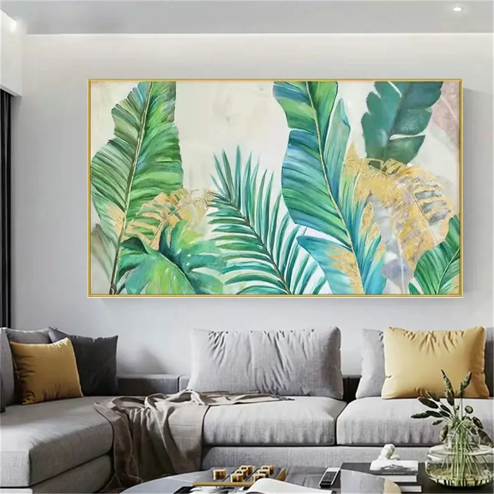 

Handmade Paint On Canvas Panels Gold Foil Leaf Abstract Green Texture Oil Painting Decor Living Room Home Wall Art Picture GiftO