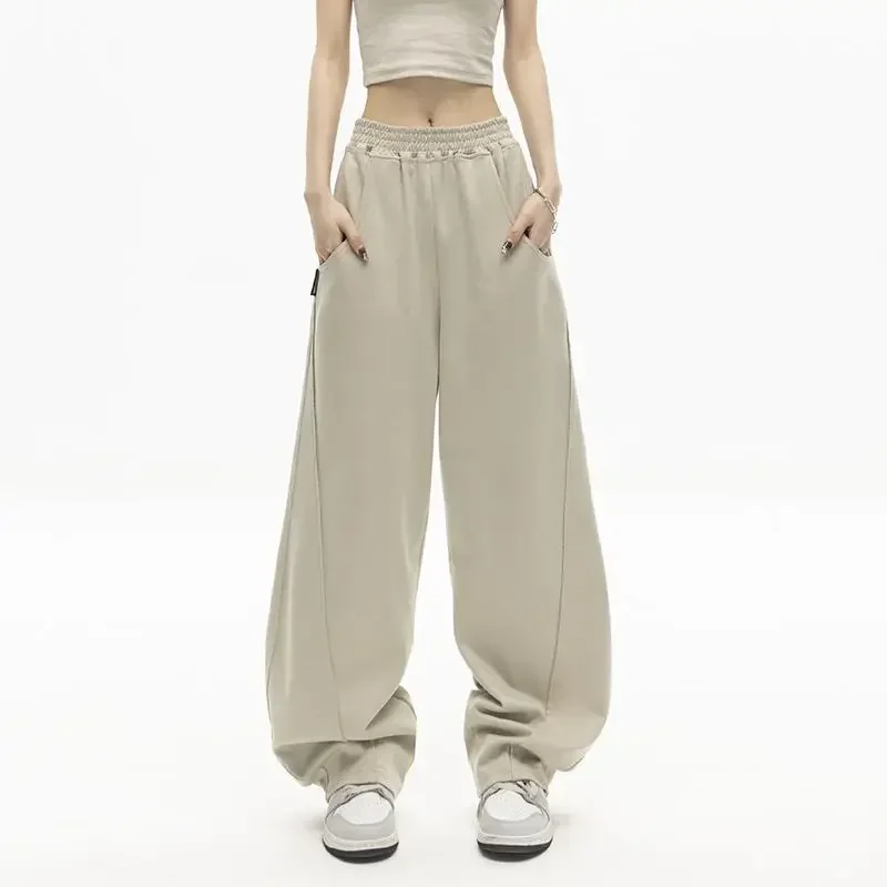 

MINGLIUSILI Fall 2022 New Apricot Sweatpants for Women All-match Recreational Korean Fashion Elastic Oversized Pants