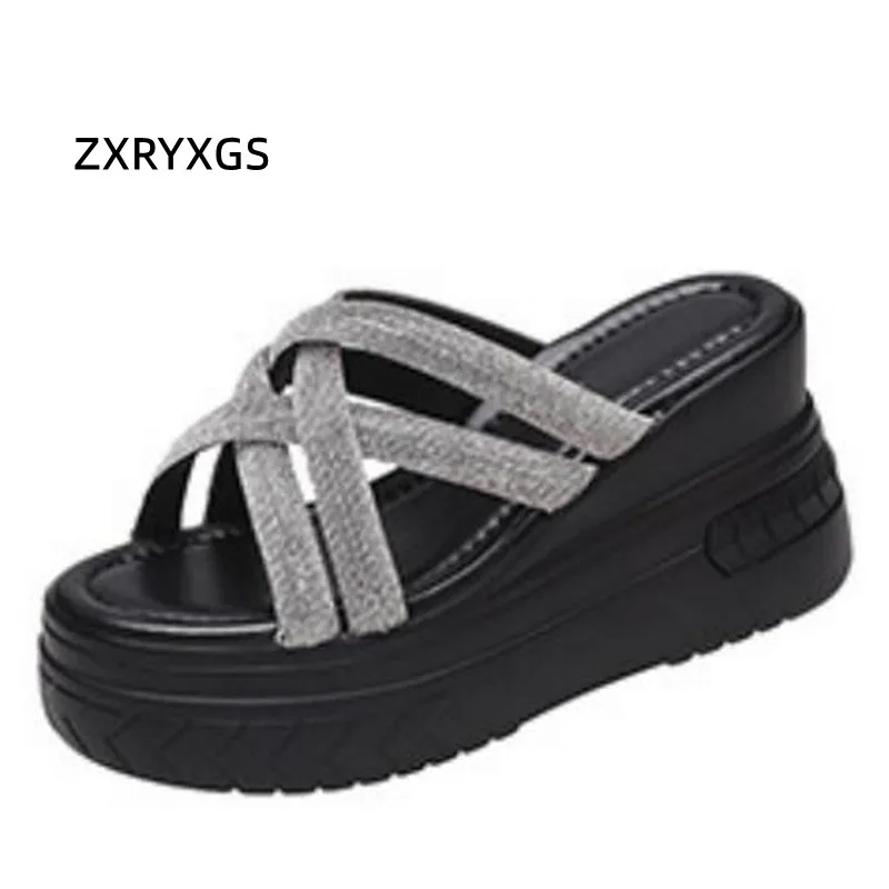 

ZXRYXGS Summer Open Toe Rhinestone Slippers Thick Sole Increase Shoes Wedges Slippers 2024 New Summer Fashion Sandals Outer Wear